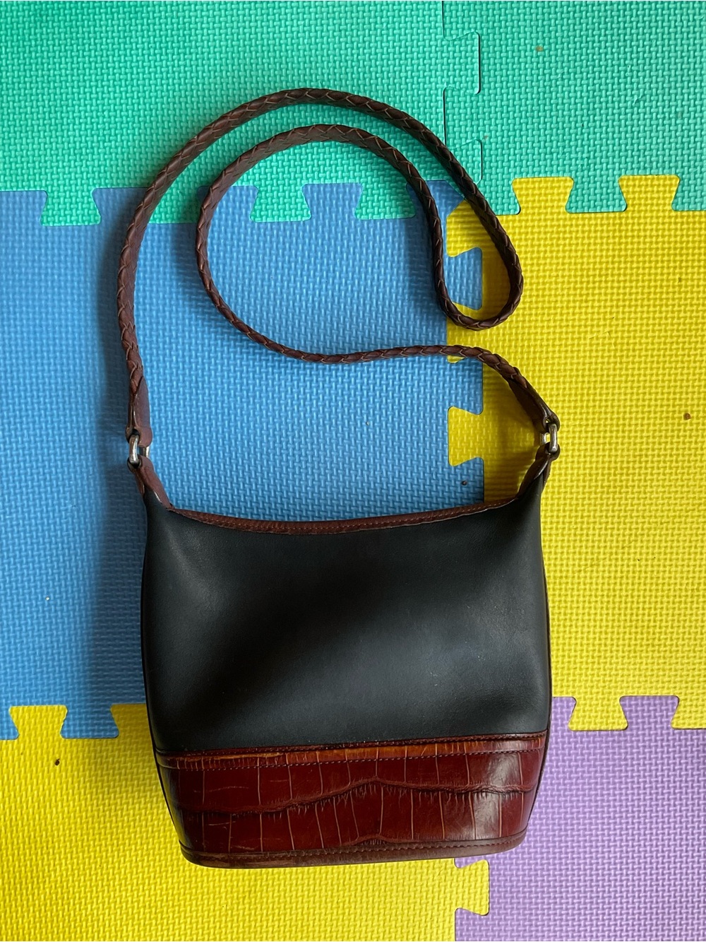 🐊Vintage‎ Brighton "Little Judy" Black & Brown Leather Croc Trim Bucket Bag